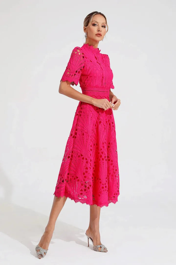 Women's Wedding Guest Lace Midi Dress with High Neck and Short Sleeves