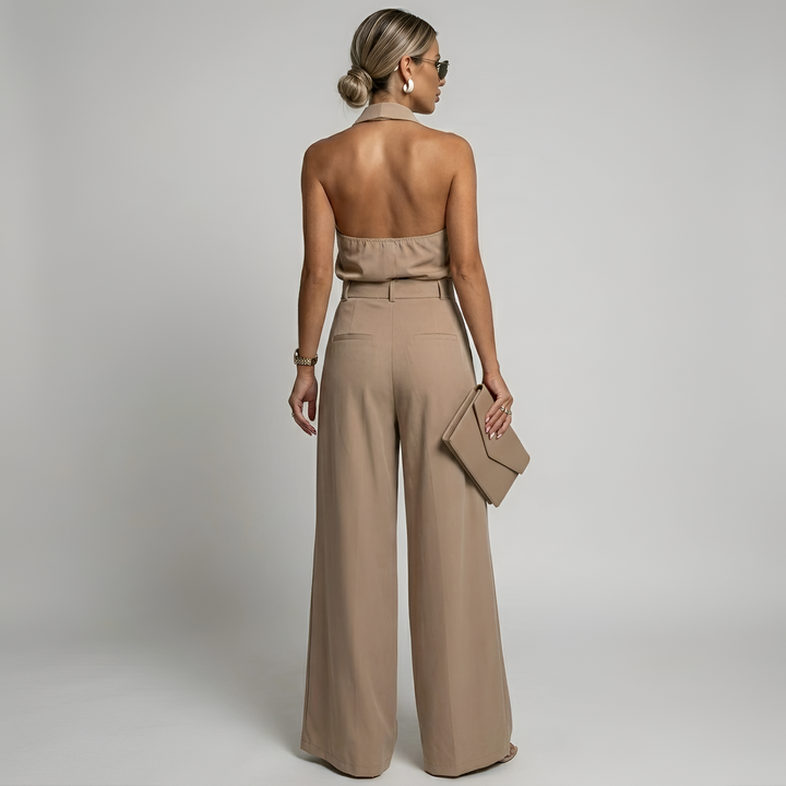 Women's Halter Jumpsuit with Wide Leg Trousers and Tie Waist