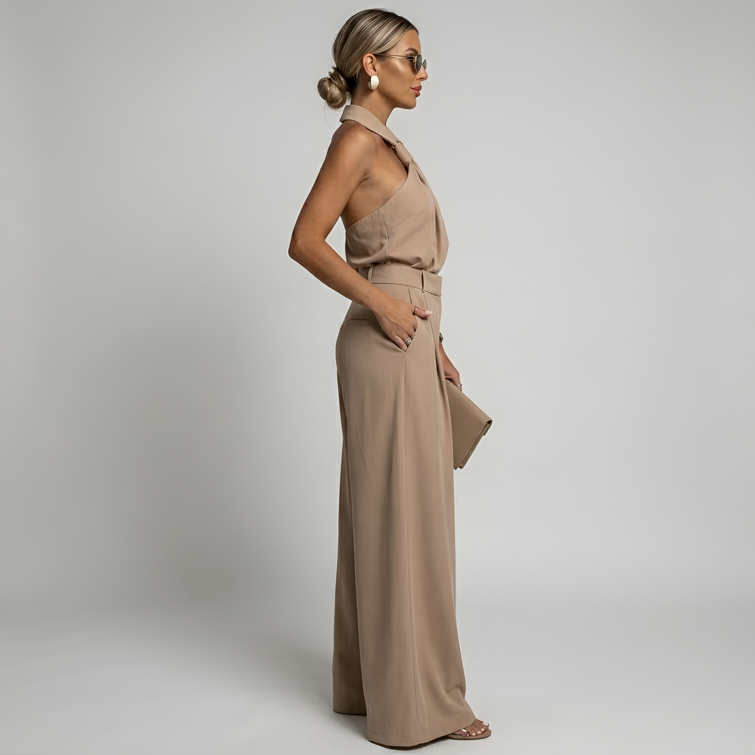 Women's Halter Jumpsuit with Wide Leg Trousers and Tie Waist