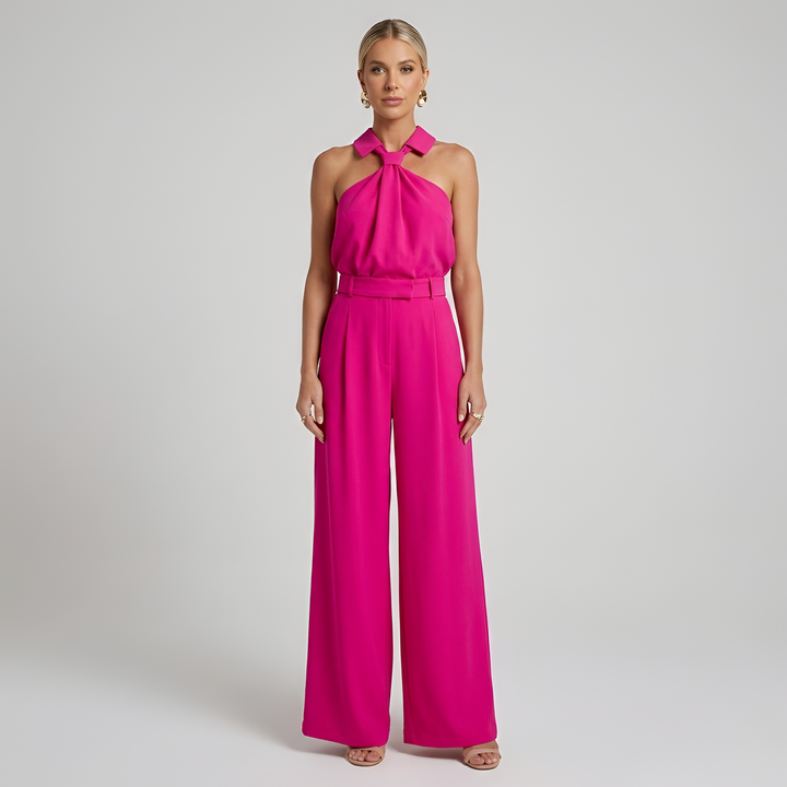 Women's Halter Jumpsuit with Wide Leg Trousers and Tie Waist