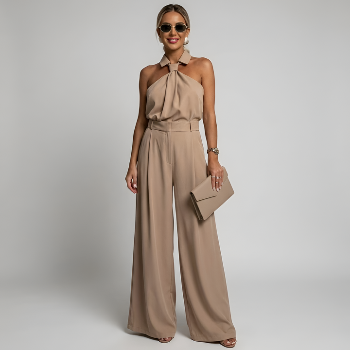 Women's Halter Jumpsuit with Wide Leg Trousers and Tie Waist