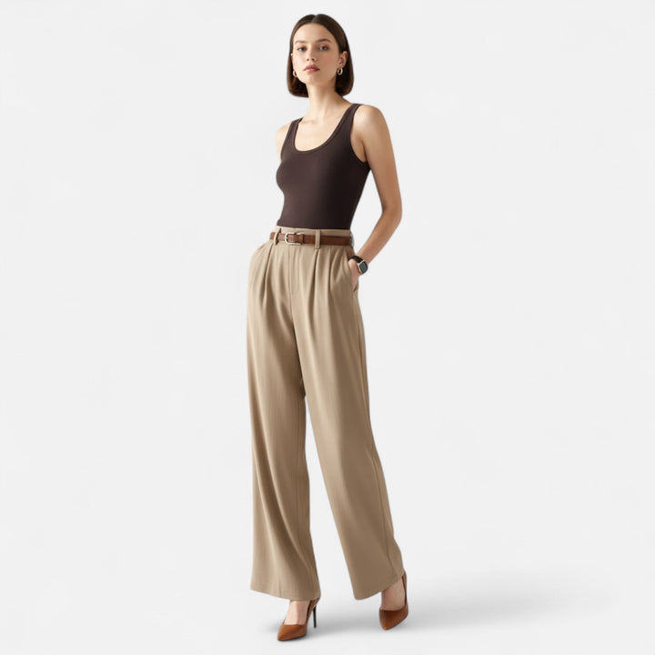 Women's Wide Leg Trousers with High Waist and Pleated Front