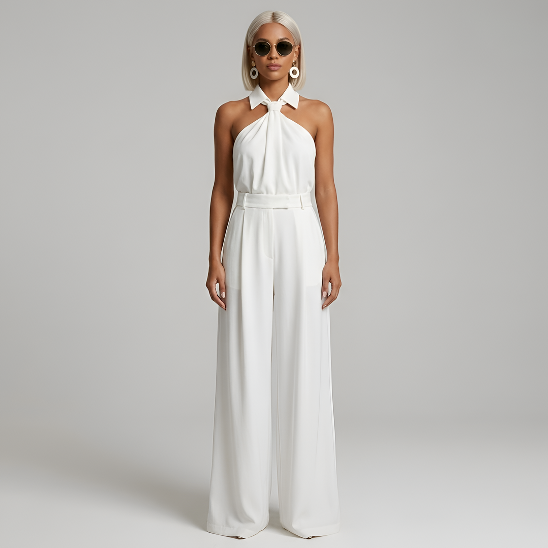 Women's Halter Jumpsuit with Wide Leg Trousers and Tie Waist