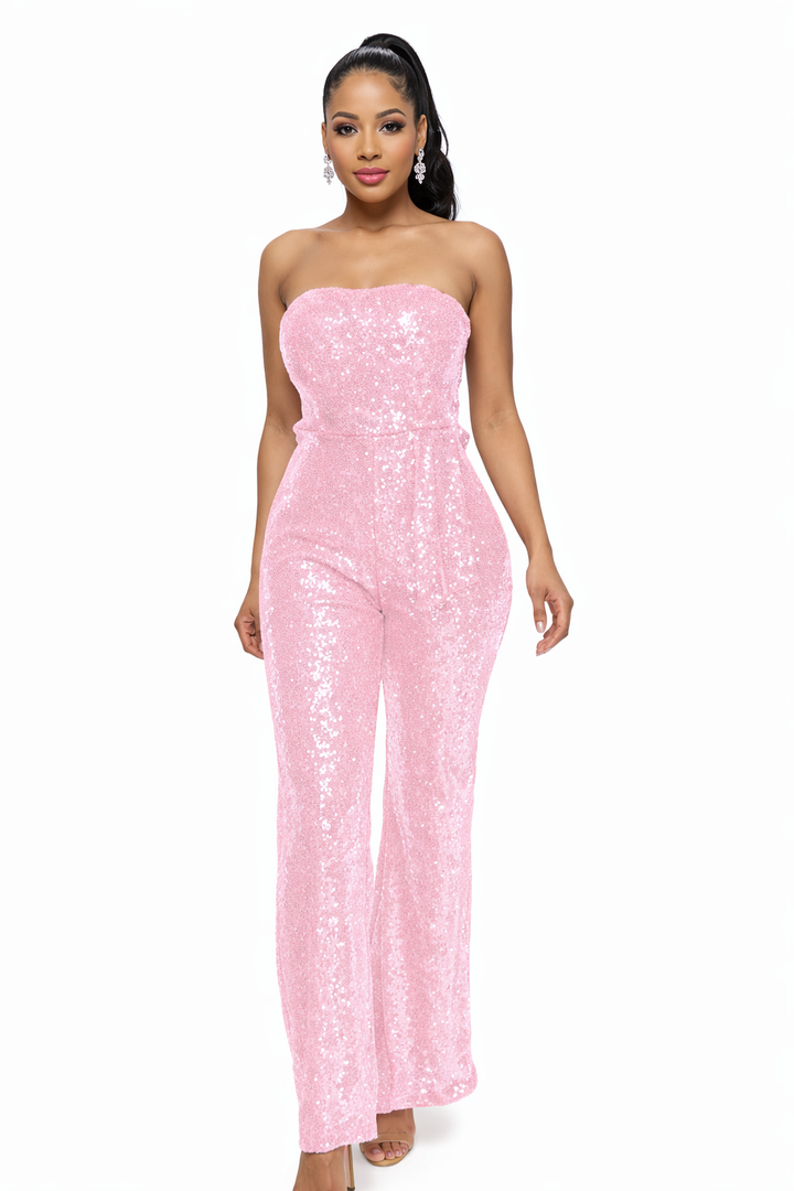 Women's Strapless Jumpsuit with Sequin Detail and Wide Leg Design