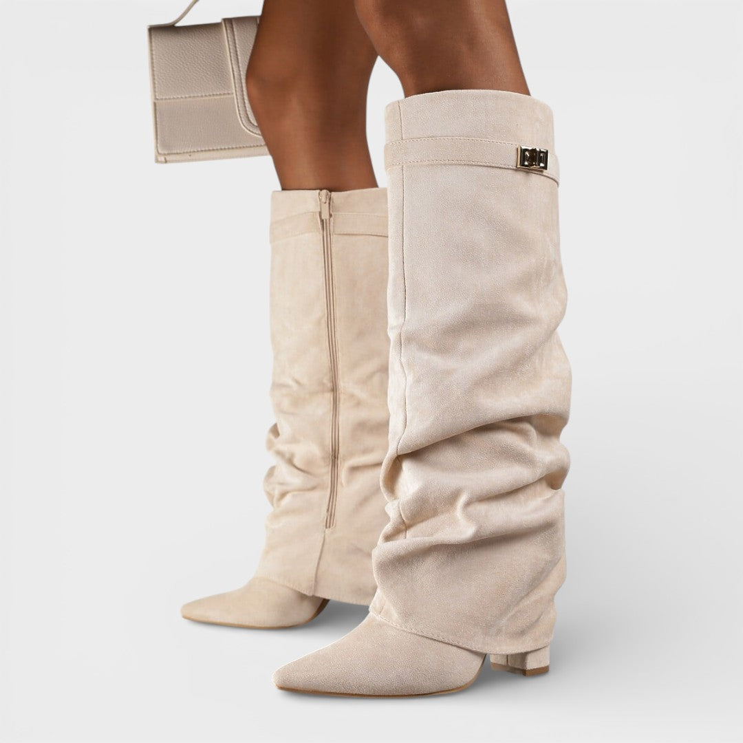 Women's Knee High Boots with Ruched Design and Block Heel