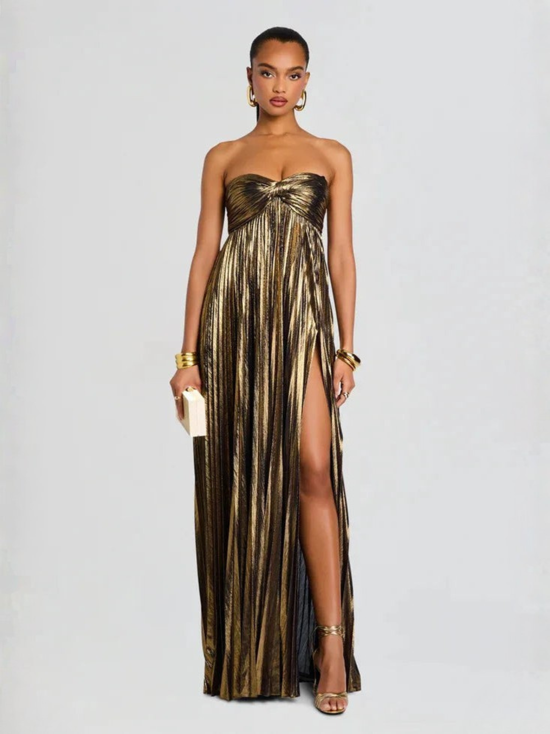Women's Evening Strapless Maxi Dress with Twisted Bodice and High Slit