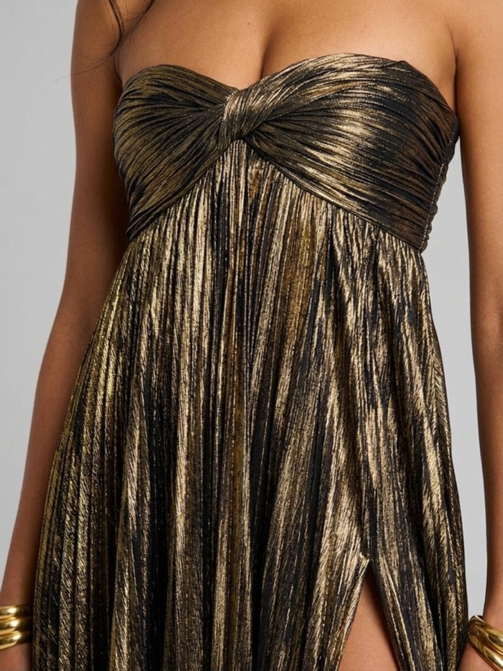 Women's Evening Strapless Maxi Dress with Twisted Bodice and High Slit