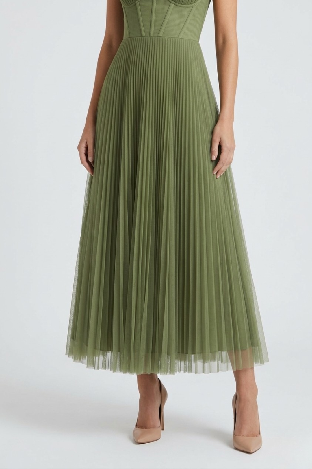 Women's Wedding Guest Midi Dress with Strapless Bodice and Pleated Skirt