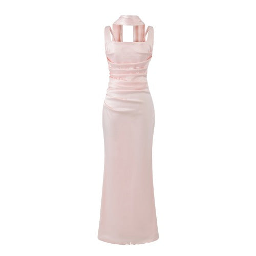 Women's Satin Halter Neck Maxi Dress with Ruched Bodice