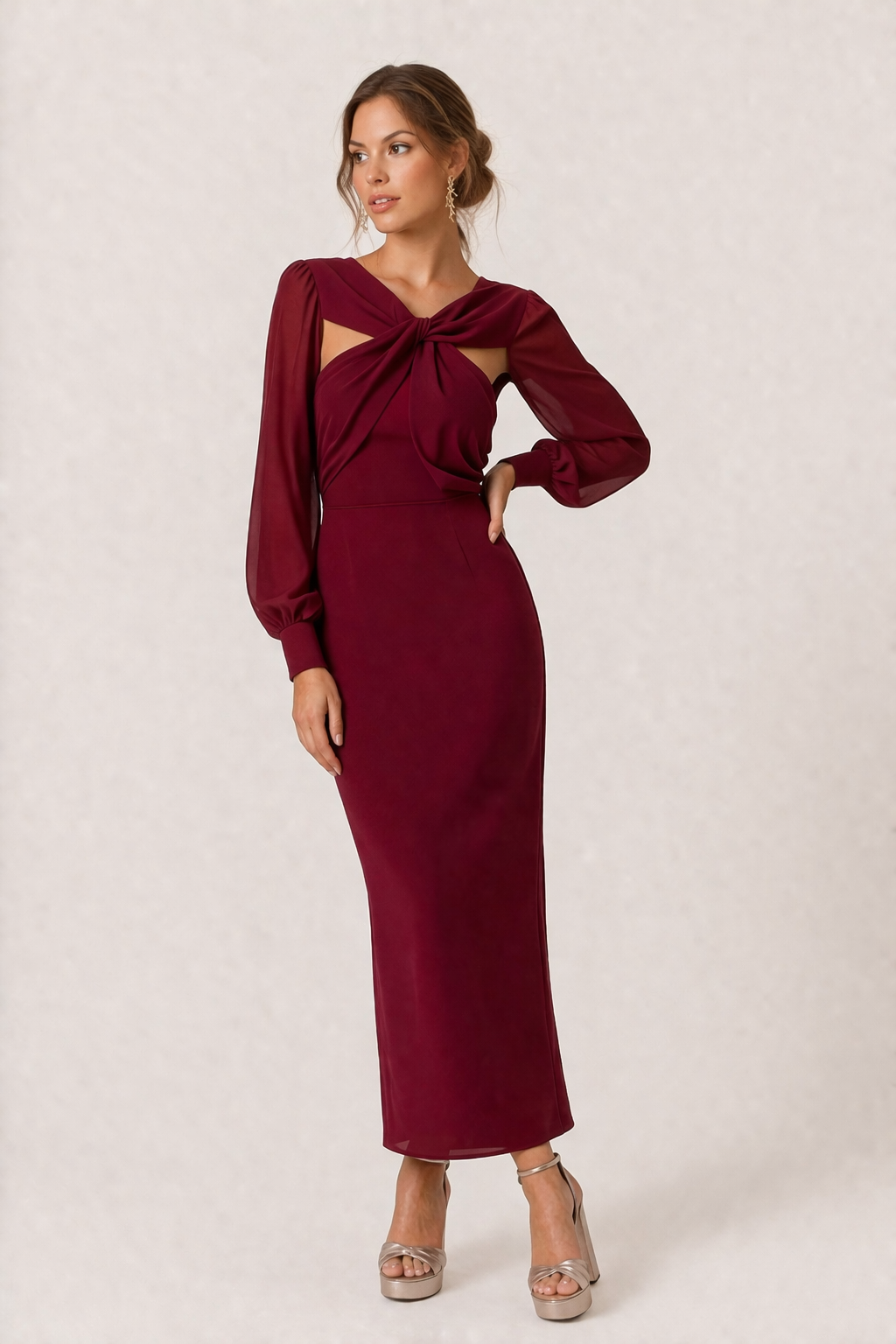Women's Cut Out Midi Dress with Sweetheart Neckline and Long Sleeves