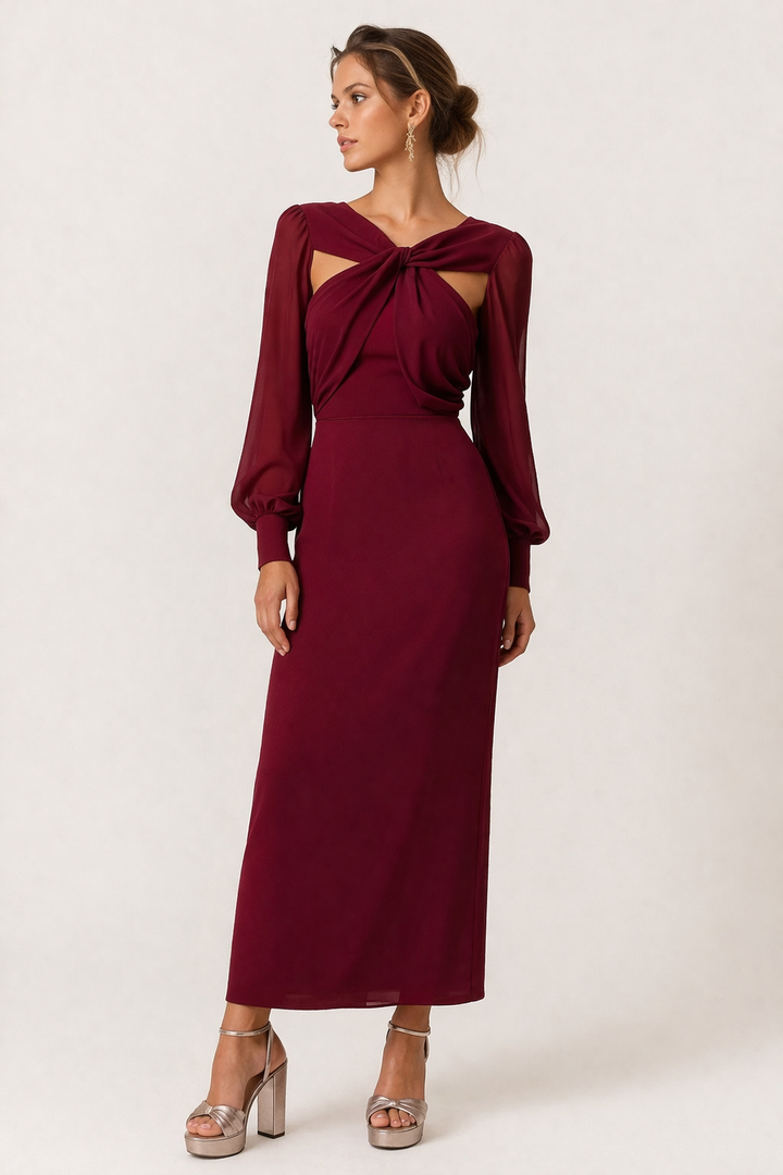 Women's Cut Out Midi Dress with Sweetheart Neckline and Long Sleeves