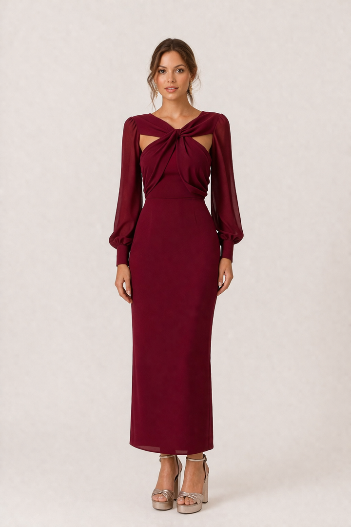 Women's Cut Out Midi Dress with Sweetheart Neckline and Long Sleeves