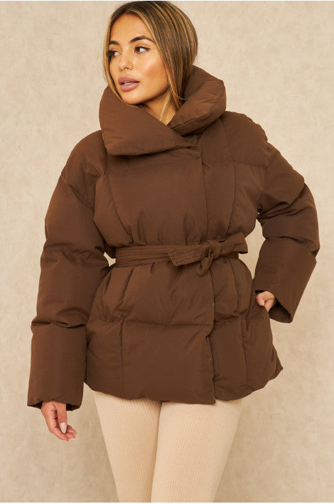 Women's Belted Puffer Jacket with High Collar and Quilted Design