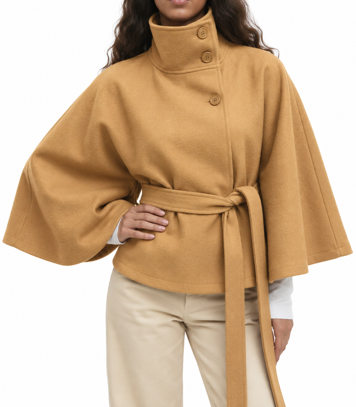 Women's Belted Jacket with High Neck and Wide Sleeves