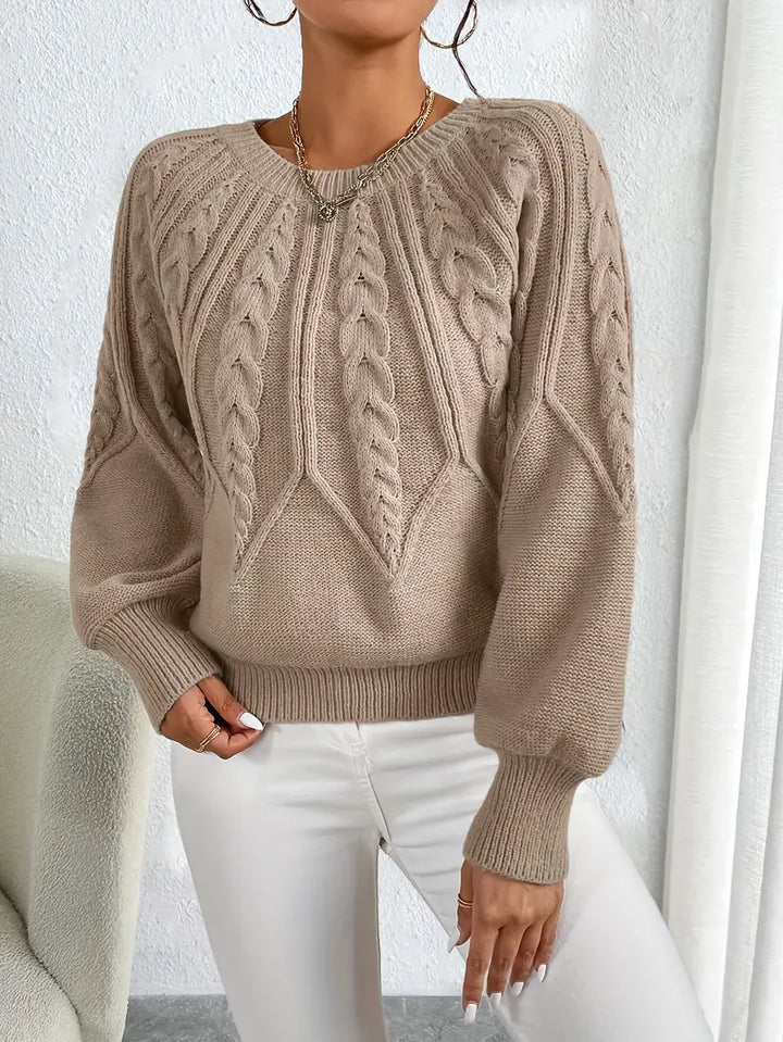 Women's Cable Knit Jumper with Round Neck and Ribbed Texture