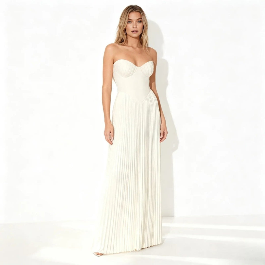 Women's Evening Strapless Maxi Dress with Pleated Skirt