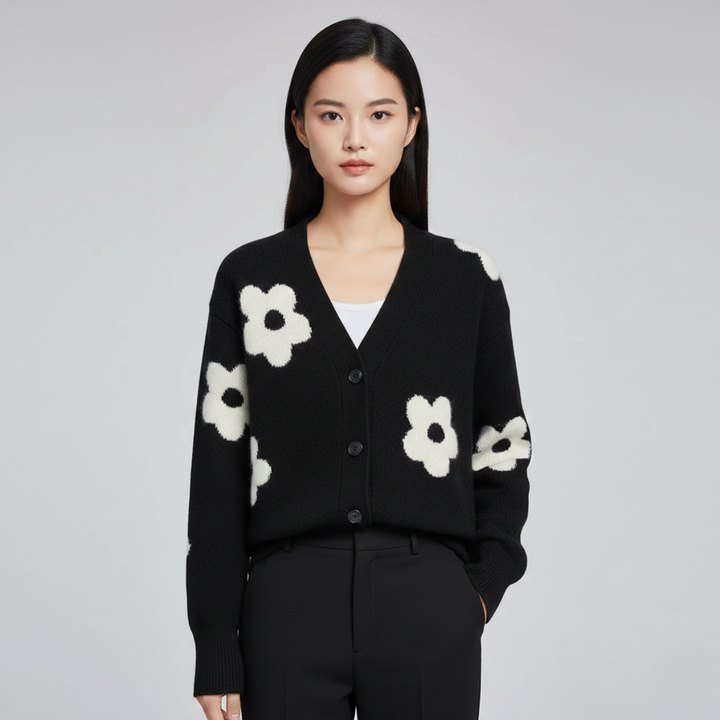 Women's Floral Knit Cardigan with V Neck and Button Front