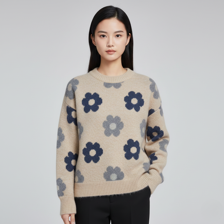 Women's Floral Knit Cardigan with V Neck and Button Front