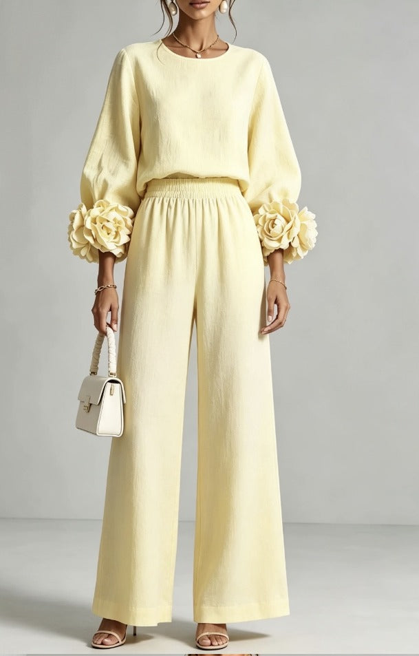 Women's Co-Ord Set with Balloon Sleeve Top and Wide Leg Trousers