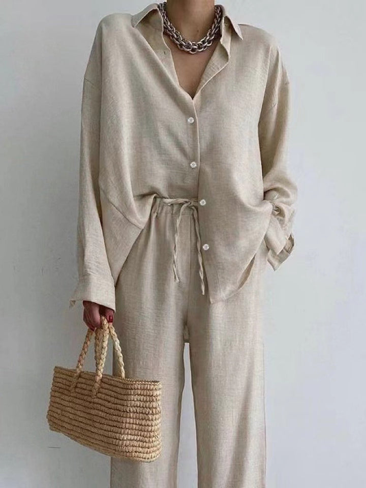 Women's Co Ord Set with Button Front Shirt and Wide Leg Trousers