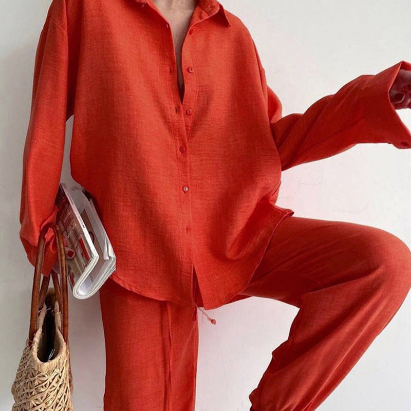Women's Co Ord Set with Button Front Shirt and Wide Leg Trousers