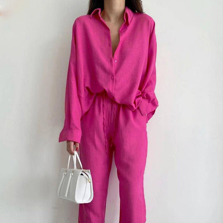 Women's Co Ord Set with Button Front Shirt and Wide Leg Trousers