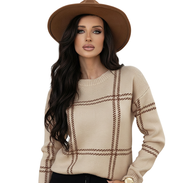 Women's Check Knit Jumper with Round Neck and Long Sleeves