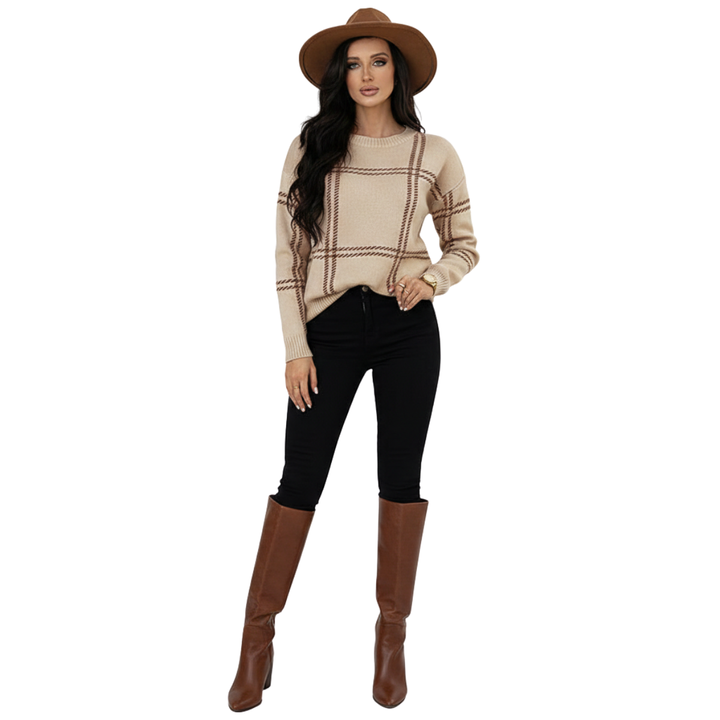 Women's Check Knit Jumper with Round Neck and Long Sleeves