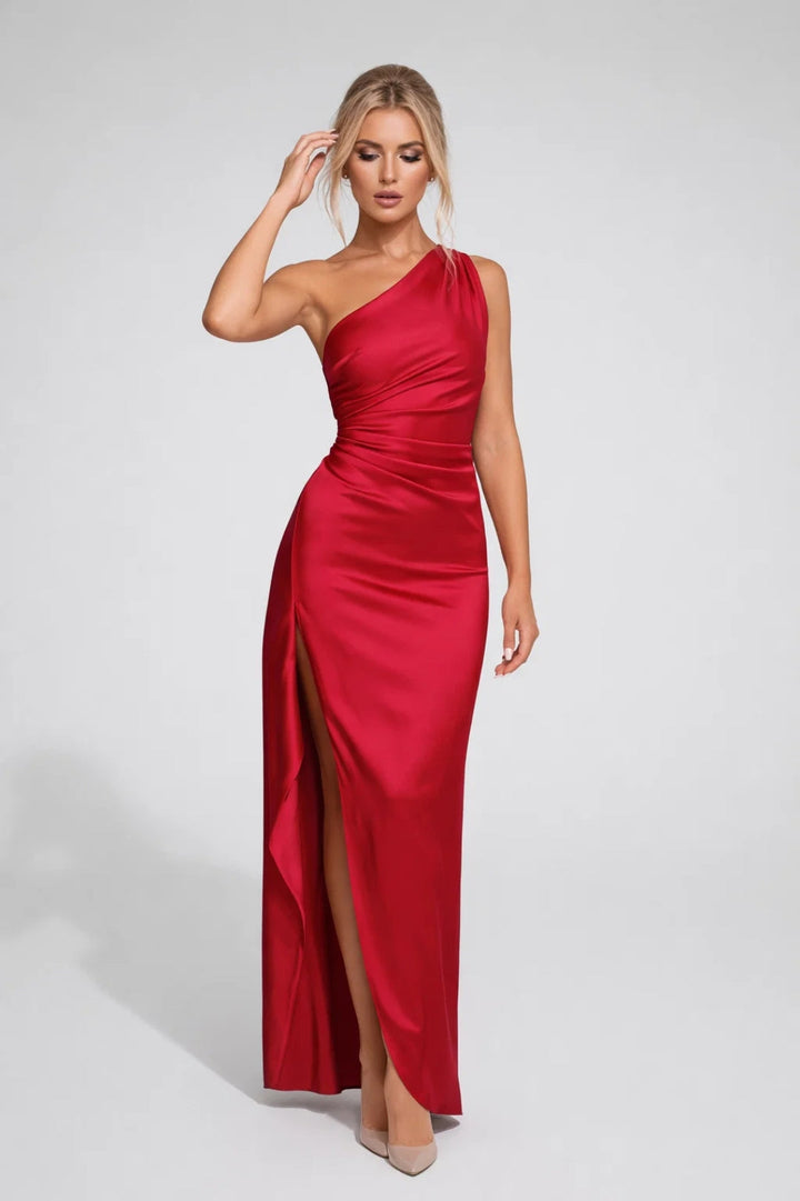 Women's One Shoulder Maxi Dress with Ruched Detail and Thigh Split
