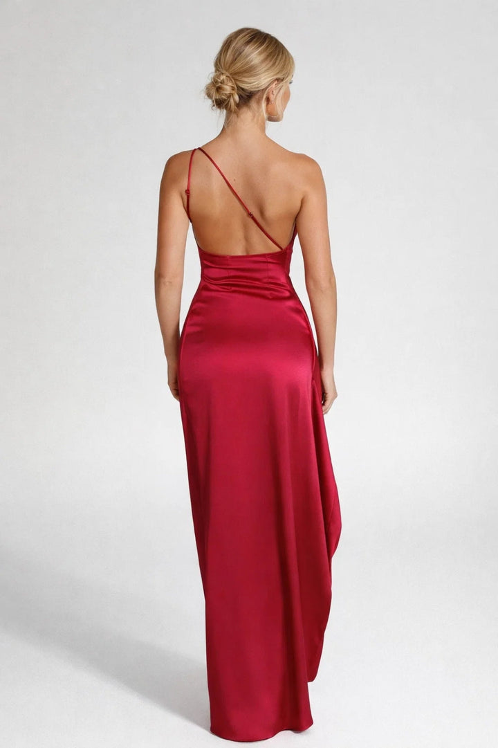 Women's One Shoulder Maxi Dress with Ruched Detail and Thigh Split