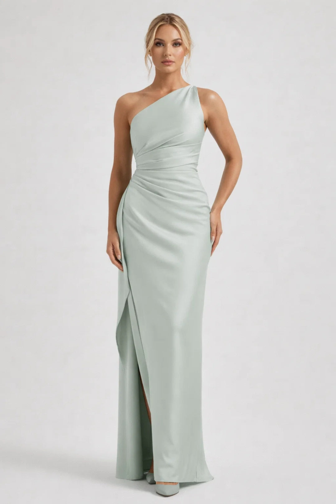Women's One Shoulder Maxi Dress with Ruched Detail and Thigh Split