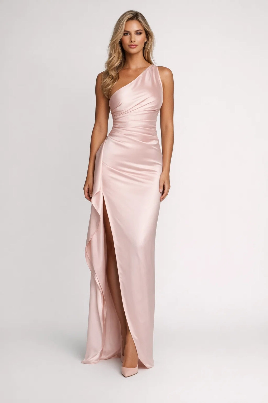 Women's One Shoulder Maxi Dress with Ruched Detail and Thigh Split