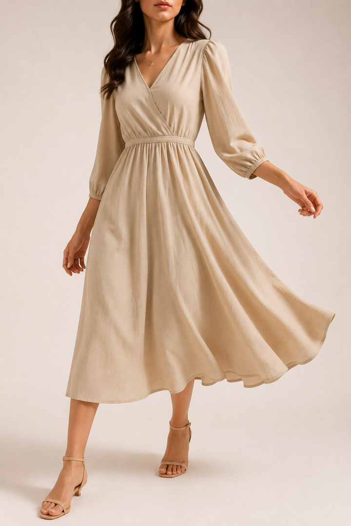Women's Occasion Midi Dress with V Neck and Long Sleeves