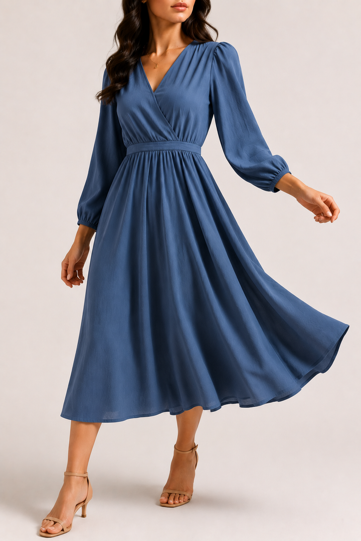 Women's Occasion Midi Dress with V Neck and Long Sleeves