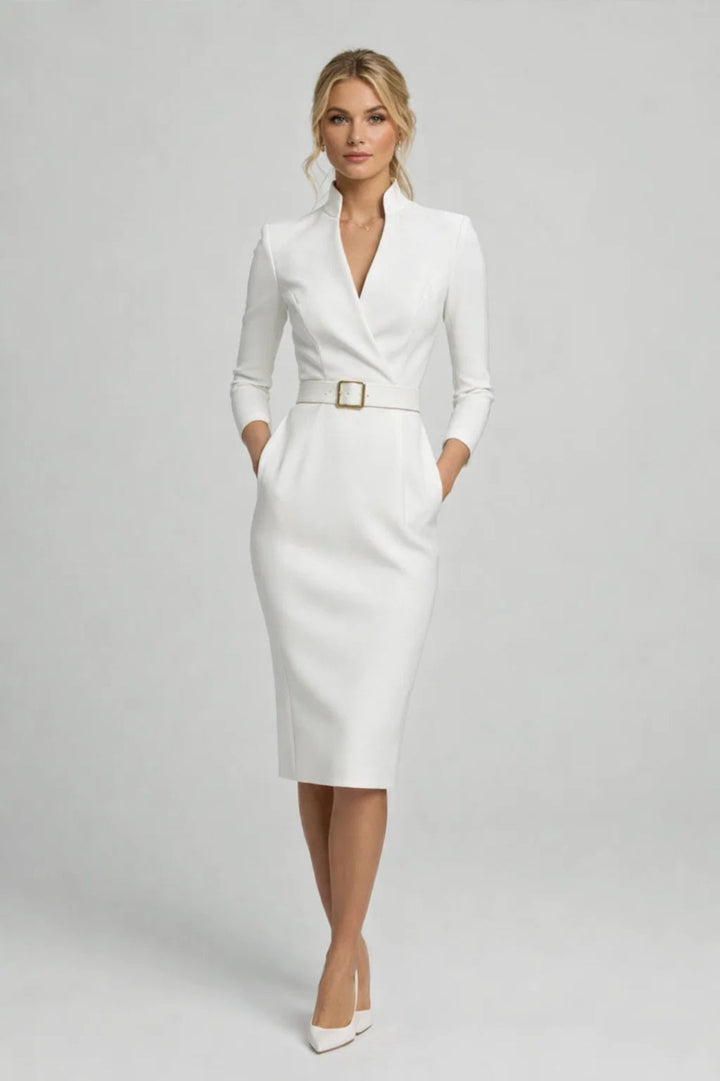 Women's Tailored Midi Dress with Blazer Collar and Belted Waist