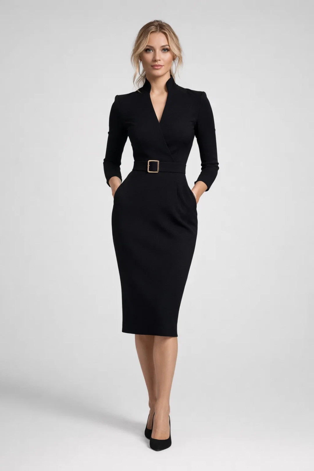 Women's Tailored Midi Dress with Blazer Collar and Belted Waist