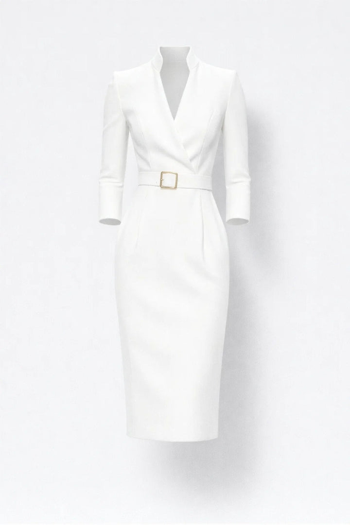 Women's Tailored Midi Dress with Blazer Collar and Belted Waist