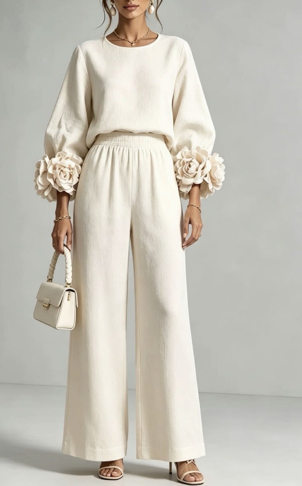Women's Co-Ord Set with Balloon Sleeve Top and Wide Leg Trousers
