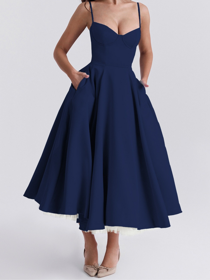 Women's Wedding Guest Midi Dress with Sweetheart Neckline and Fit and Flare Skirt