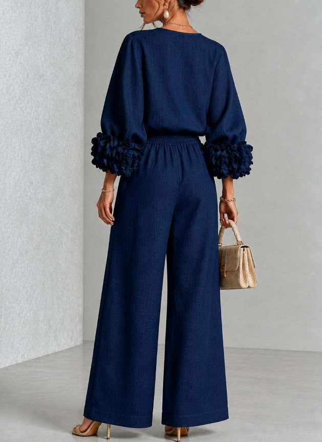 Women's Co-Ord Set with Balloon Sleeve Top and Wide Leg Trousers