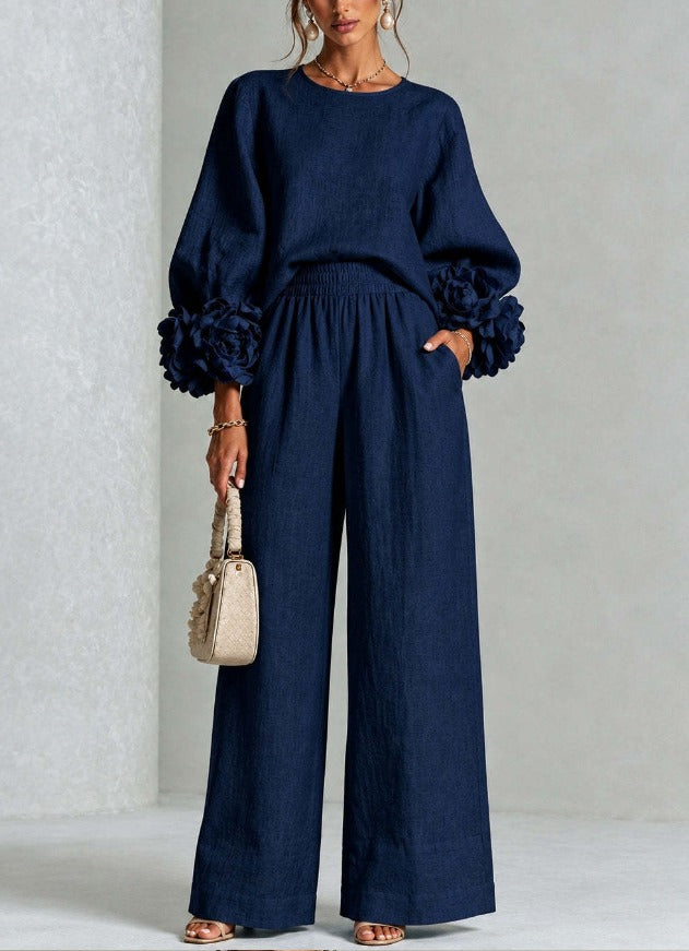Women's Co-Ord Set with Balloon Sleeve Top and Wide Leg Trousers