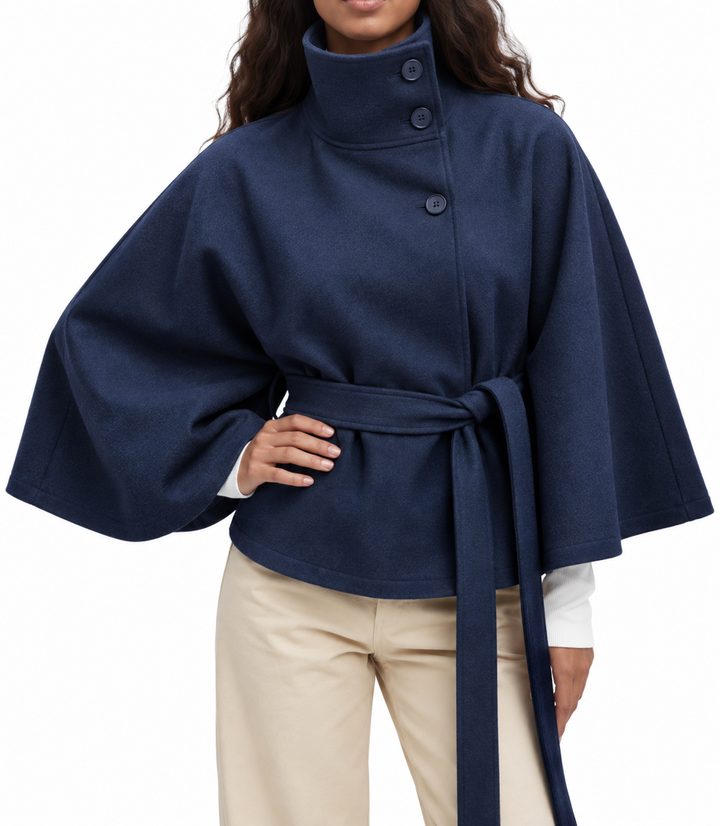 Women's Belted Jacket with High Neck and Wide Sleeves