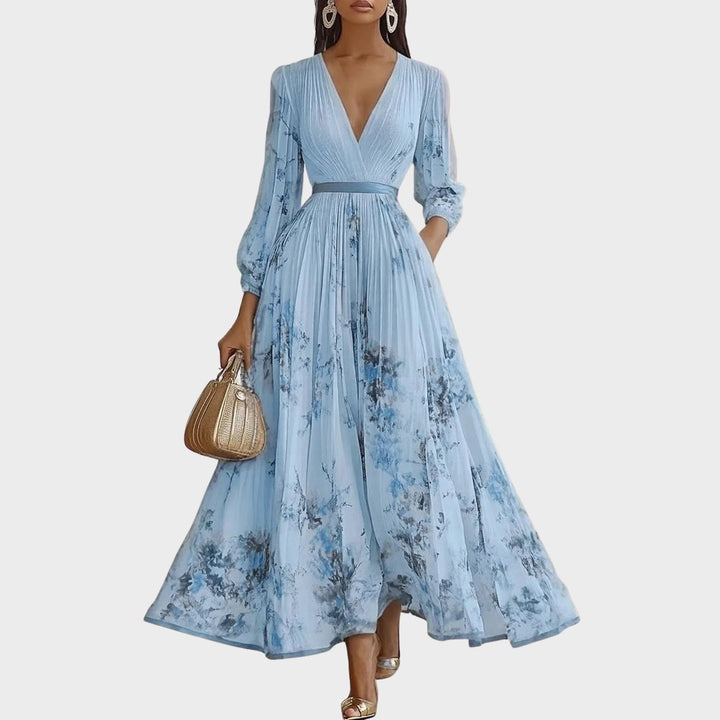 Women's Floral Midi Dress with V Neck and Long Sleeves