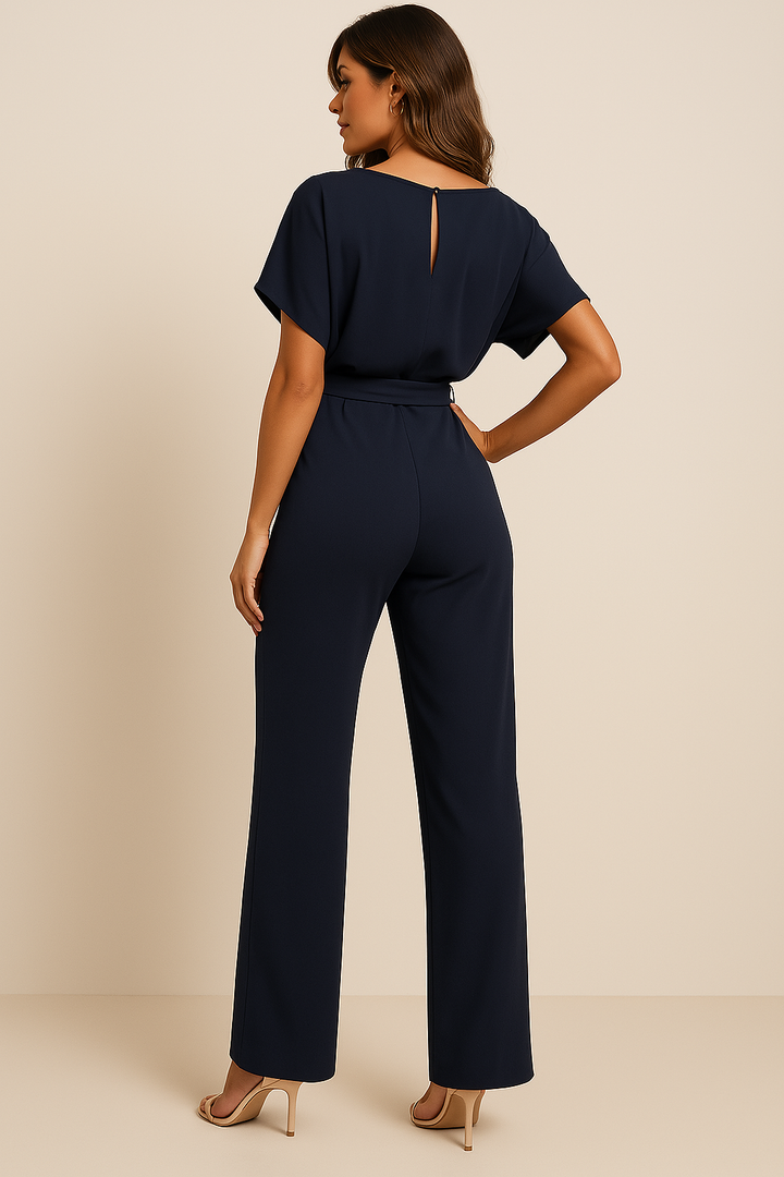 Women's Short Sleeve Jumpsuit with Round Neck and Wide Leg Design