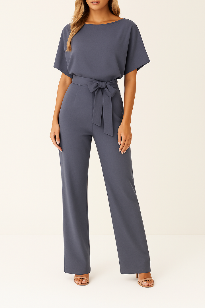 Women's Short Sleeve Jumpsuit with Round Neck and Wide Leg Design