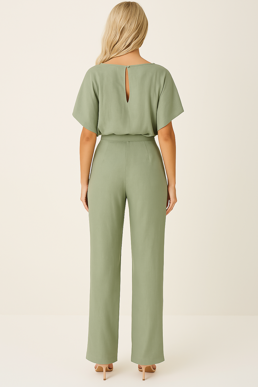Women's Short Sleeve Jumpsuit with Round Neck and Wide Leg Design