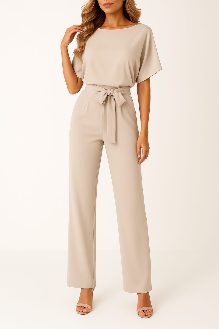 Women's Short Sleeve Jumpsuit with Round Neck and Wide Leg Design