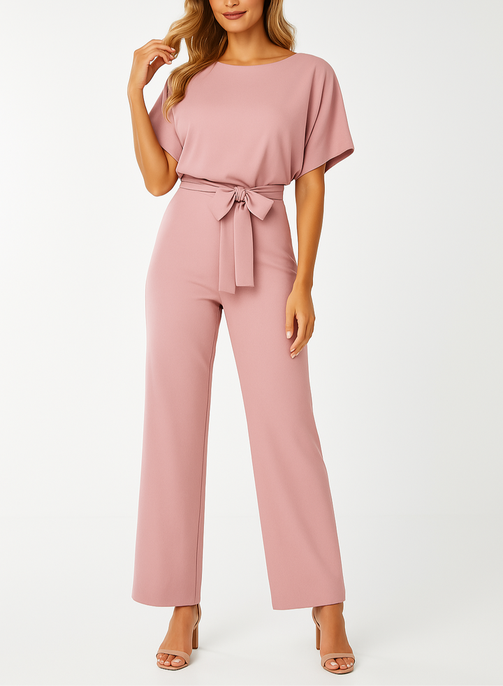 Women's Short Sleeve Jumpsuit with Round Neck and Wide Leg Design