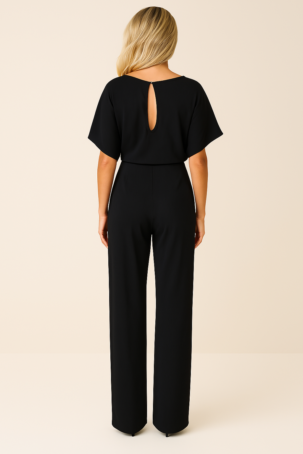 Women's Short Sleeve Jumpsuit with Round Neck and Wide Leg Design