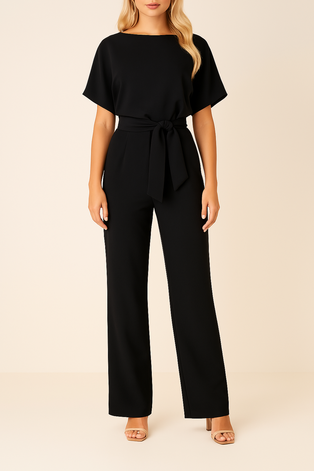 Women's Short Sleeve Jumpsuit with Round Neck and Wide Leg Design